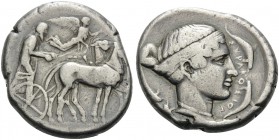 SICILY. Syracuse . Second Democracy, 466-405 BC. Tetradrachm (Silver, 26 mm, 17.09 g, 9 h), c. 430 BC. Charioteer driving a quadriga walking to right;...