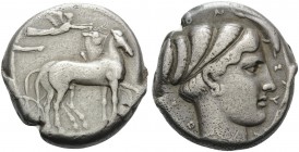 SICILY. Syracuse . Second Democracy, 466-405 BC. Tetradrachm (Silver, 24 mm, 17.21 g, 6 h), c. 430-420 BC. Male charioteer, wearing a long chiton, dri...