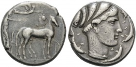 SICILY. Syracuse . Second Democracy, 466-405 BC. Tetradrachm (Silver, 25 mm, 17.32 g, 2 h), c. 430-420 BC. Charioteer driving a quadriga walking to ri...