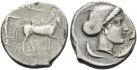 SICILY. Syracuse . Second Democracy, 466-405 BC. Tetradrachm (Silver, 27 mm, 17.12 g, 11 h), c. 425-420 BC. Charioteer driving a quadriga walking to r...