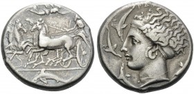 SICILY. Syracuse . Dionysios I, 405-367 BC. Tetradrachm (Silver, 25 mm, 17.12 g, 3 h), in the style of Eukleidas, c. 399-387. Charioteer driving quadr...