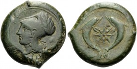 SICILY. Syracuse . Dionysios I, 405-367 BC. Drachm (Bronze, 30 mm, 32.92 g, 9 h). ΣYPA Helmeted head of Athena left. Rev. 8 rayed star between two dol...