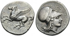 SICILY. Syracuse . Timoleon and the Third Democracy, 344-317 BC. Stater (Silver, 22 mm, 8.16 g, 11 h). Pegasos flying to left. Rev. ΣYPAKOΣIΩN Head of...