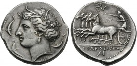 SICILY. Syracuse . Agathokles, 317-289 BC. Tetradrachm (Silver, 26 mm, 17.39 g, 3 h), c. 317-310. NI Wreathed head of Arethusa to left, wearing triple...