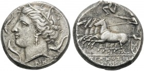 SICILY. Syracuse . Agathokles, 317-289 BC. Tetradrachm (Silver, 24 mm, 16.68 g, 1 h), c. 317-310. NK Wreathed head of Arethusa to left; around, three ...