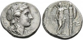 SICILY. Syracuse . Agathokles, 317-289 BC. Tetradrachm (Silver, 24 mm, 16.48 g, 10 h), c. 305-295 BC. KOΡAΣ Head of Kore to right, wearing grain wreat...