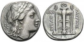 SICILY. Tauromenion . Circa 304-289 BC. 4 Litrai (Silver, 15 mm, 3.24 g, 7 h). Laureate head of Apollo to right; behind, star of eight rays. Rev. TAYP...