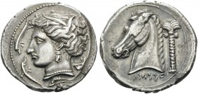 SICILY. Entella . Punic issues, circa 320-315 BC. Tetradrachm (Silver, 28 mm, 17.08 g, 12 h). Head of Persephone to left, wearing wreath of wheat leav...
