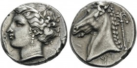 SICILY. Entella . Punic issues, circa 320/15-300 BC. Tetradrachm (Silver, 24 mm, 16.64 g, 9 h). Head of Tanit-Persephone to left, wearing wreath of gr...