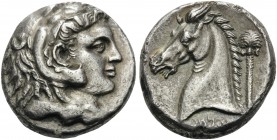 SICILY. Entella . Punic issues, circa 300-289 BC. Tetradrachm (Silver, 25 mm, 16.04 g, 10 h). Head of Herakles-Melqart to right, wearing lion's skin h...