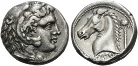 SICILY. Entella . Punic issues, circa 300-289 BC. Tetradrachm (Silver, 24 mm, 17.04 g, 8 h). Head of Herakles-Melqart to right, wearing lion's skin he...