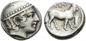 THRACE. Ainos . Circa 431-429 BC. Tetrobol (Silver, 12 mm, 2.74 g, 6 h). Head of Hermes to right, wearing petasos . Rev. AIN Goat standing right; to r...