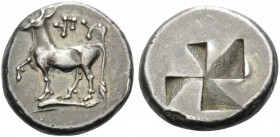 THRACE. Byzantion . Circa 340-320 BC. Siglos (Silver, 16 mm, 5.40 g). YΠY Heifer standing left on dolphin. Rev. Incuse square with anticlockwise mill-...