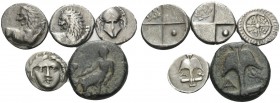 THRACE. (12.60 g). Lot of Four Silver and one Bronze Coins. 1 . Apollonia Pontika. AR Diobol, 12 mm, 1.31 g. 12h. SNG BM Black Sea 167. 2 . Apollonia ...