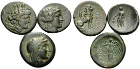THRACE. (19.00 g). Lot of Three Bronze Coins from Thrace. 1 . Lysimacheia. AE, 21 mm, 8.11 g, 1h. SNG Copenhagen 905. 2 . Lysimacheia. AE, 22 mm, 5.45...