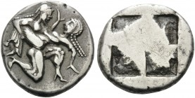 ISLANDS OFF THRACE, Thasos. Circa 500-463 BC. Stater (Silver, 22 mm, 9.69 g), c. 500-480 BC. Ithyphallic satyr advancing to right, carrying protesting...