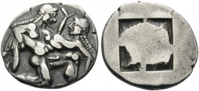 ISLANDS OFF THRACE, Thasos. Circa 500-463 BC. Stater (Silver, 22 mm, 7.54 g), c. 500-480 BC. Ithyphallic satyr advancing to right, carrying protesting...