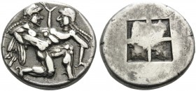 ISLANDS OFF THRACE, Thasos. Circa 500-463 BC. Stater (Silver, 20 mm, 9.63 g), c. 500-480 BC. Ithyphallic satyr advancing to right, carrying protesting...