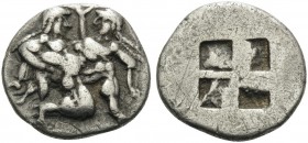 ISLANDS OFF THRACE, Thasos. Circa 500-463 BC. 1/3 Stater (Silver, 16 mm, 3.92 g), c. 500-480 BC. Ithyphallic satyr advancing to right, carrying protes...