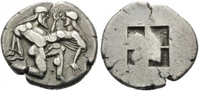 ISLANDS OFF THRACE, Thasos. Circa 500-463 BC. Stater (Silver, 22 mm, 8.46 g), c. 480-463 BC. Ithyphallic satyr advancing to right, carrying protesting...
