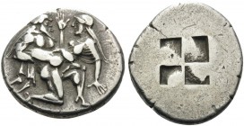 ISLANDS OFF THRACE, Thasos. Circa 500-463 BC. Stater (Silver, 22 mm, 8.60 g), c. 480-463 BC. Ithyphallic satyr advancing to right, carrying protesting...