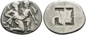 ISLANDS OFF THRACE, Thasos. Circa 435-411 BC. Stater (Silver, 23 mm, 8.60 g). Ithyphallic satyr advancing to right, carrying protesting nymph; to righ...