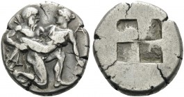 ISLANDS OFF THRACE, Thasos. Circa 435-411 BC. Stater (Silver, 20 mm, 8.55 g). Ithyphallic satyr advancing to right, carrying protesting nymph; to righ...