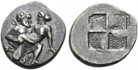 ISLANDS OFF THRACE, Thasos. c. 412-404 BC. Drachm (Silver, 17 mm, 3.43 g). Ithyphallic satyr advancing to right, carrying protesting nymph. Rev. Quadr...
