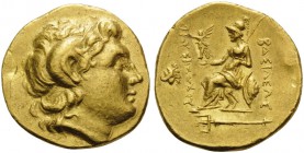 KINGS OF THRACE. Lysimachos, 305-281 BC. Stater (Gold, 20 mm, 8.51 g, 1 h), Byzantion, c. 230 BC. Head of Alexander the Great to right, with horn of A...