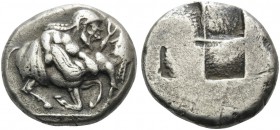 THRACO-MACEDONIAN TRIBES, Orreskioi. Circa 500-480 BC. Stater (Silver, 19 mm, 9.21 g). Centaur galloping to right, carrying protesting nymph. Rev. Qua...