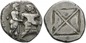 THRACO-MACEDONIAN REGION. Siris . Circa 525-480 BC. Stater (Silver, 22 mm, 9.23 g). Satyr standing right, grasping the right arm of a nymph fleeing to...