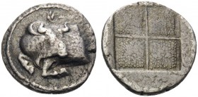 MACEDON. Akanthos . Circa 430-390 BC. Tetrobol (Silver, 15 mm, 2.20 g). Forepart of bull to left, his head turned back to right; above, flower. Rev. Q...