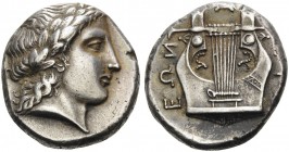 MACEDON, Chalkidian League. Circa 432-348 BC. Tetradrachm (Silver, 22 mm, 14.50 g, 11 h), Group J, c. 398-395. Laureate head of Apollo to right, his h...