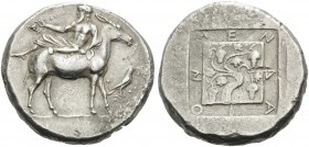 MACEDON. Mende . Circa 460-423 BC. Tetradrachm (Silver, 25 mm, 17.09 g), c. 440-430 BC. Dionysos, bearded and wearing himation, holding a kantharos in...