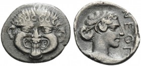 MACEDON. Neapolis . Circa 424-350 BC. Hemidrachm (Silver, 14 mm, 1.61 g, 5 h). Gorgoneion facing with protruding tongue. Rev. ΝΕΟΠ Head of the nymph o...