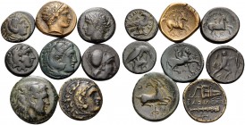 KINGS OF MACEDON. (Bronze, 48.10 g). Lot of Eight Bronze Coins. 1 . Amyntas III. AE, 16 mm, 4.29 g, 8h. SNG ANS 100-109. 2 . Philip II. AE, 18 mm, 6.6...
