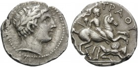 KINGS OF PAEONIA. Patraos, circa 335-315 BC. Tetradrachm (Silver, 24 mm, 12.58 g, 3 h). Laureate head of Apollo to right. Rev. ΠΑ-ΤΡΑΟΥ Paeonian horse...