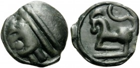 GAUL, Sequani. Circa 70-40 BC. Unit (Potin, 18 mm, 3.83 g, 11 h), 'Grosse tête' type. Celticized head with headband to left. Rev. Horned animal with S...