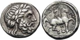 CELTIC, Lower Danube. Uncertain tribe . Early 3rd century BC. Tetradrachm (Silver, 26 mm, 14.16 g, 9 h), an early imitation of Philip II, copying an i...