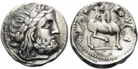 CELTIC, Lower Danube. Uncertain tribe . Early 3rd century BC. Tetradrachm (Silver, 24 mm, 13.75 g, 1 h), an early imitation of Philip II, copying an i...