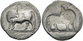 LUCANIA. Sybaris . Circa 550-510 BC. Stater (Silver, 28 mm, 7.89 g, 12 h). VM Bull standing to left on dotted ground line, his head turned back to rig...
