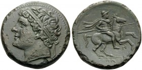 SICILY. Syracuse . Hieron II, 275-215 BC. (Bronze, 26 mm, 17.68 g, 9 h). Diademed head of Hieron II to left. Rev. ΙΕΡΩΝΟΣ Helmeted cavalryman, holding...