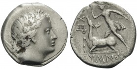 TAURIC CHERSONESOS. Chersonesos . Circa 210-200 BC. Drachm (Silver, 18 mm, 3.68 g, 2 h), Hymnou... Laureate head of Artemis Parthenos to right, with h...