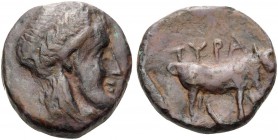 SKYTHIA. Tyra . Circa 350-300 BC. Hemiobol (Bronze, 18 mm, 6.21 g, 8 h). Laureate head of Tyras to right. Rev. TYPA Bull standing right. Anokhin 2-3. ...