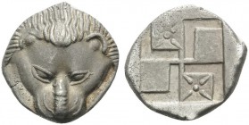 CIMMERIAN BOSPOROS. Pantikapaion . Circa 450-438/7 BC. Diobol (Silver, 13 mm, 1.77 g). Head of lion, facing. Rev. Quadripartite incuse square with swa...