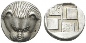 CIMMERIAN BOSPOROS. Pantikapaion . Circa 450-438/7 BC. Diobol (Silver, 12 mm, 1.77 g). Head of lion, facing. Rev. Quadripartite incuse square with swa...