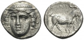 THRACE. Ainos . Circa 403/2-402/1 BC. Diobol (Silver, 10 mm, 1.03 g, 9 h). Head of Hermes facing slightly to left, wearing petasos. Rev. AINI Goat sta...