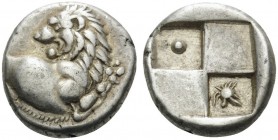 THRACE. Chersonesos . Circa 386-338 BC. Hemidrachm (Silver, 12 mm, 2.42 g). Forepart of lion to right, head turned to left. Rev. Quadripartite incuse ...