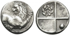 THRACE. Chersonesos . Circa 386-309 BC. Hemidrachm (Silver, 13 mm, 2.20 g, 12 h). Forepart of lion right, head turned to left. Rev. Quadripartite incu...