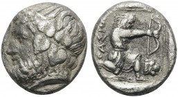 ISLANDS OFF THRACE, Thasos. Circa 411-340 BC. Drachm (Silver, 14 mm, 3.82 g, 12 h). Bearded head of Dionysos left, wearing ivy wreath. Rev. ΘAΣIΩN Her...